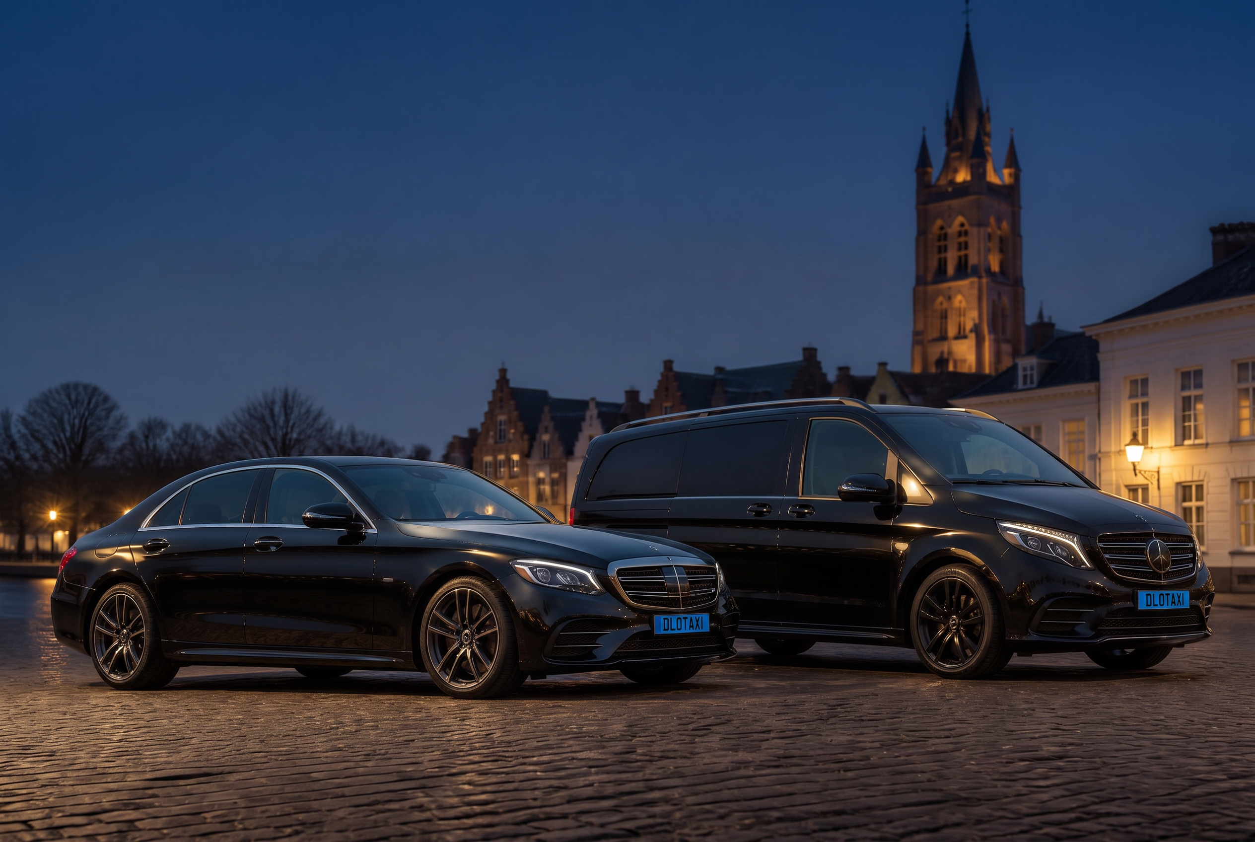 Mercedes E-Klasse en V-Klasse Vito van DLOTAXI in Roermond bij avondlicht